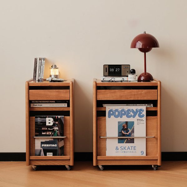 Traditional Japanese Cherry Wood & Stainless Steel Mobile Rectangular Nightstand 3-Tier For Bedroom - Image 13