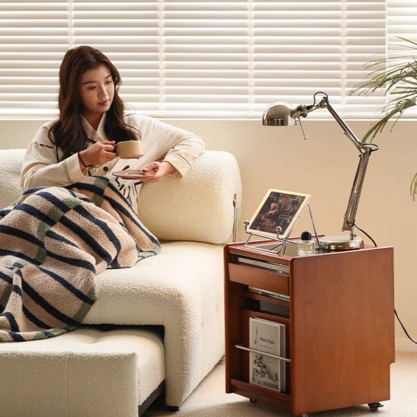 Traditional Japanese Cherry Wood & Stainless Steel Mobile Rectangular Nightstand 3-Tier For Bedroom - Image 22