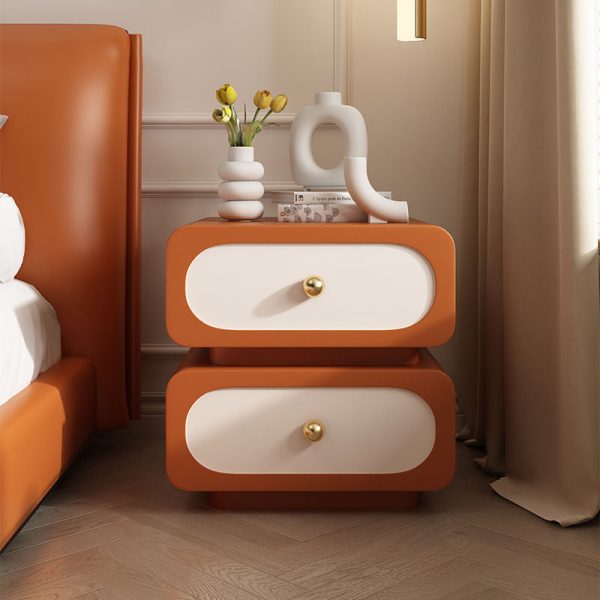Modern Minimalist Solid Wood & Metal Rounded Square Nightstand 2-Drawer With Ball Accents For Bedroom - Image 3