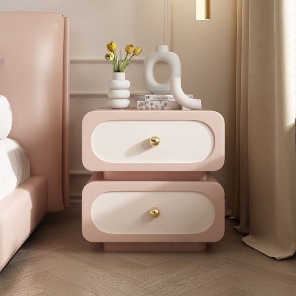 Modern Minimalist Solid Wood & Metal Rounded Square Nightstand 2-Drawer With Ball Accents For Bedroom - Image 2