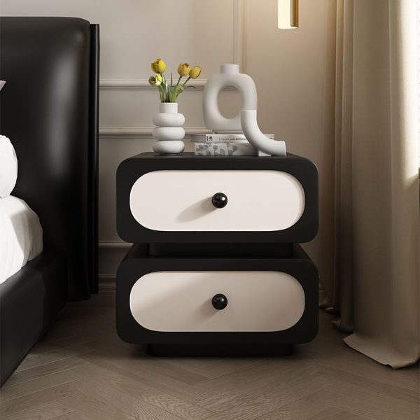 Modern Minimalist Solid Wood & Metal Rounded Square Nightstand 2-Drawer With Ball Accents For Bedroom - Image 15