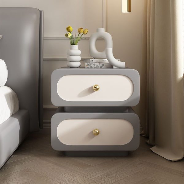 Modern Minimalist Solid Wood & Metal Rounded Square Nightstand 2-Drawer With Ball Accents For Bedroom - Image 13