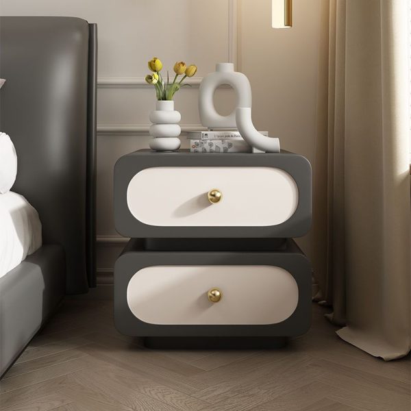 Modern Minimalist Solid Wood & Metal Rounded Square Nightstand 2-Drawer With Ball Accents For Bedroom - Image 12