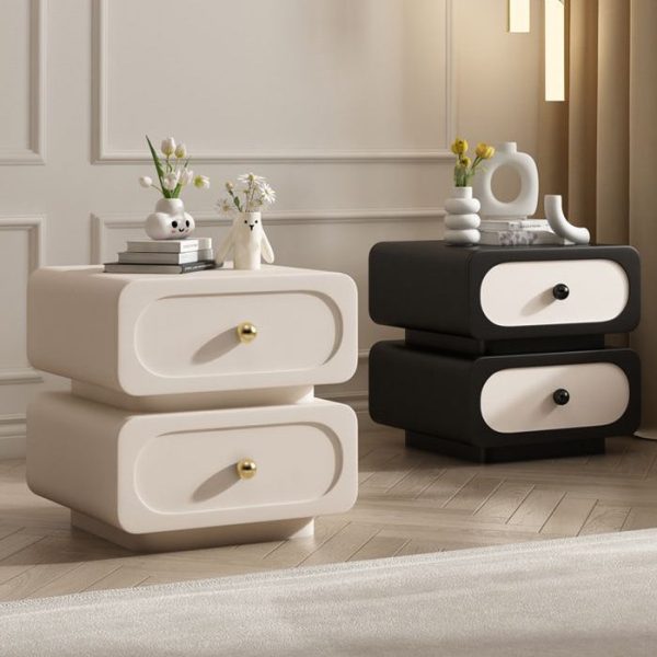Modern Minimalist Solid Wood & Metal Rounded Square Nightstand 2-Drawer With Ball Accents For Bedroom - Image 11