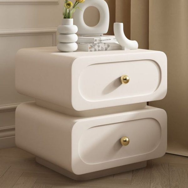 Modern Minimalist Solid Wood & Metal Rounded Square Nightstand 2-Drawer With Ball Accents For Bedroom - Image 17