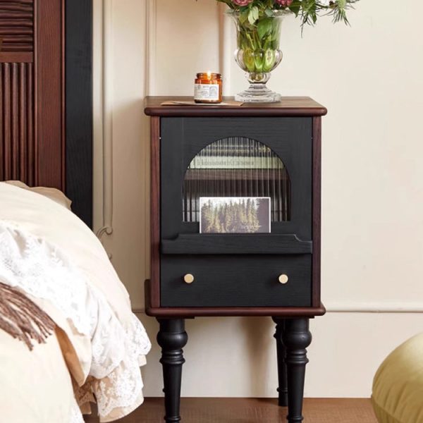 Traditional Vintage Ash Wood & Glass Round Square Textured Nightstand 1-Drawer For Bedroom - Image 13