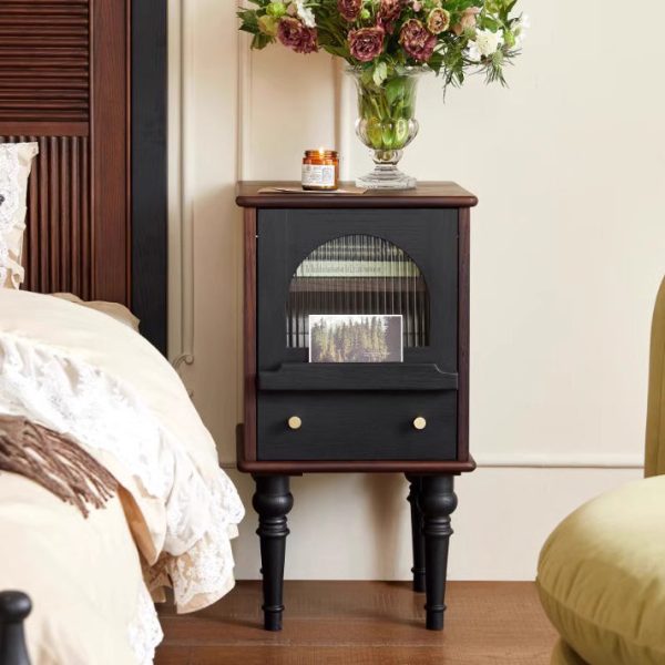 Traditional Vintage Ash Wood & Glass Round Square Textured Nightstand 1-Drawer For Bedroom - Image 14