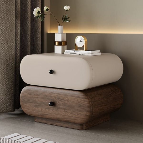 Contemporary Creative Faux Leather Solid Wood Metal Rounded Rectangular Oval Nightstand 2-Drawer For Bedroom - Image 14