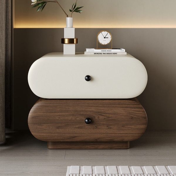 Contemporary Creative Faux Leather Solid Wood Metal Rounded Rectangular Oval Nightstand 2-Drawer For Bedroom - Image 12