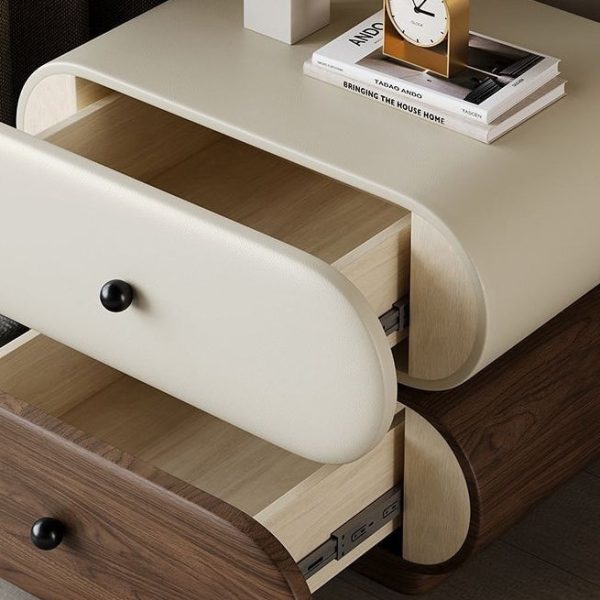 Contemporary Creative Faux Leather Solid Wood Metal Rounded Rectangular Oval Nightstand 2-Drawer For Bedroom - Image 8