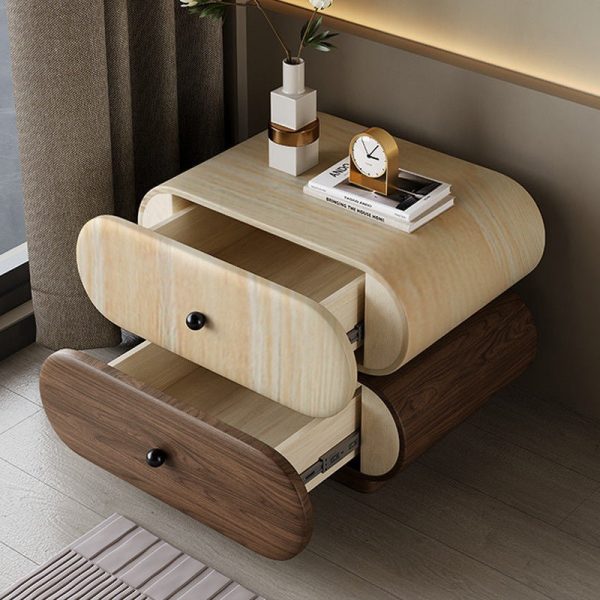 Contemporary Creative Faux Leather Solid Wood Metal Rounded Rectangular Oval Nightstand 2-Drawer For Bedroom - Image 11