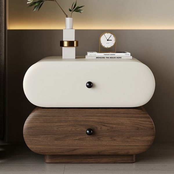 Contemporary Creative Faux Leather Solid Wood Metal Rounded Rectangular Oval Nightstand 2-Drawer For Bedroom - Image 17