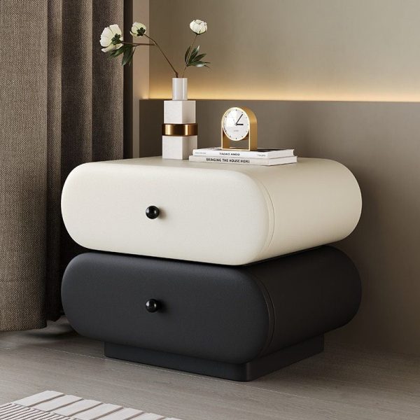 Contemporary Creative Faux Leather Solid Wood Metal Rounded Rectangular Oval Nightstand 2-Drawer For Bedroom - Image 15