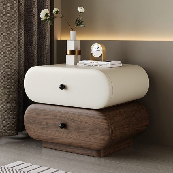 Contemporary Creative Faux Leather Solid Wood Metal Rounded Rectangular Oval Nightstand 2-Drawer For Bedroom - Image 23