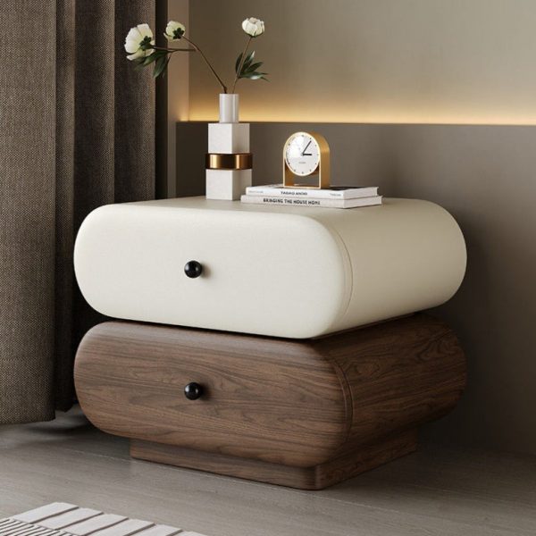 Contemporary Creative Faux Leather Solid Wood Metal Rounded Rectangular Oval Nightstand 2-Drawer For Bedroom - Image 22
