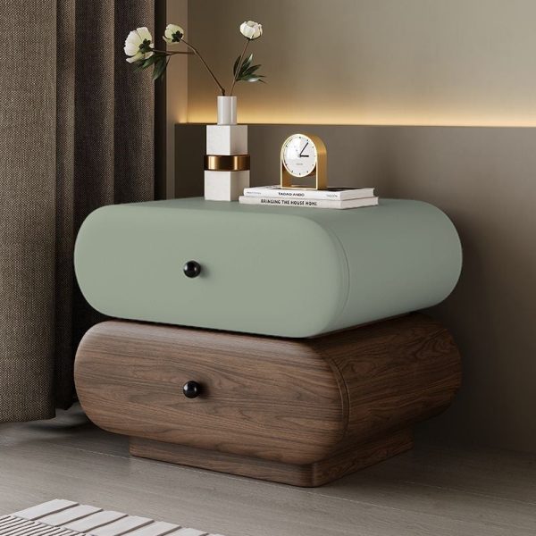 Contemporary Creative Faux Leather Solid Wood Metal Rounded Rectangular Oval Nightstand 2-Drawer For Bedroom - Image 2