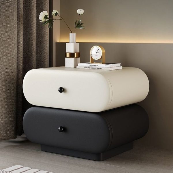 Contemporary Creative Faux Leather Solid Wood Metal Rounded Rectangular Oval Nightstand 2-Drawer For Bedroom - Image 20