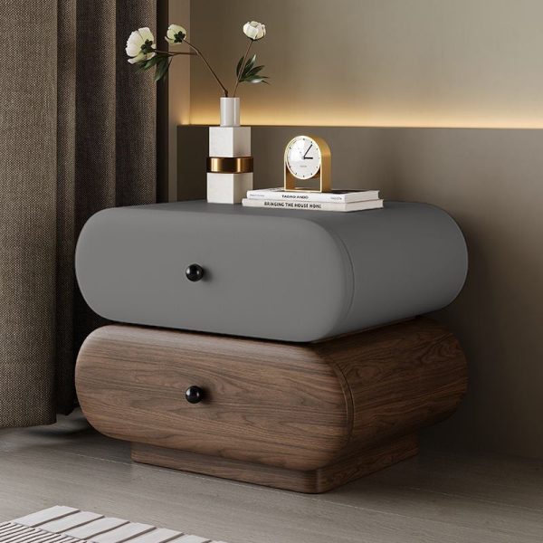 Contemporary Creative Faux Leather Solid Wood Metal Rounded Rectangular Oval Nightstand 2-Drawer For Bedroom - Image 3