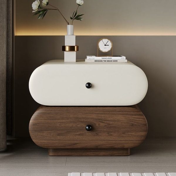 Contemporary Creative Faux Leather Solid Wood Metal Rounded Rectangular Oval Nightstand 2-Drawer For Bedroom - Image 18