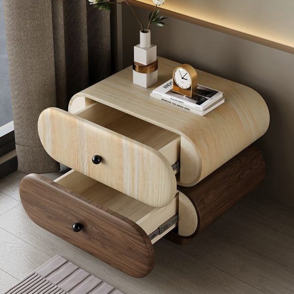 Contemporary Creative Faux Leather Solid Wood Metal Rounded Rectangular Oval Nightstand 2-Drawer For Bedroom - Image 9