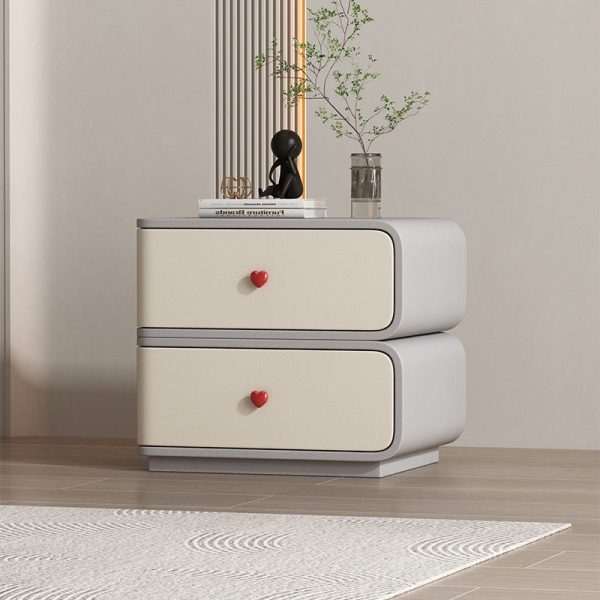 Contemporary Creative Faux Leather Solid Wood & Metal Curved Rectangular Nightstand 2-Drawer For Bedroom - Image 13