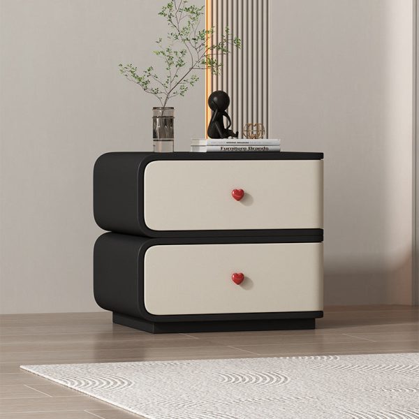 Contemporary Creative Faux Leather Solid Wood & Metal Curved Rectangular Nightstand 2-Drawer For Bedroom - Image 3