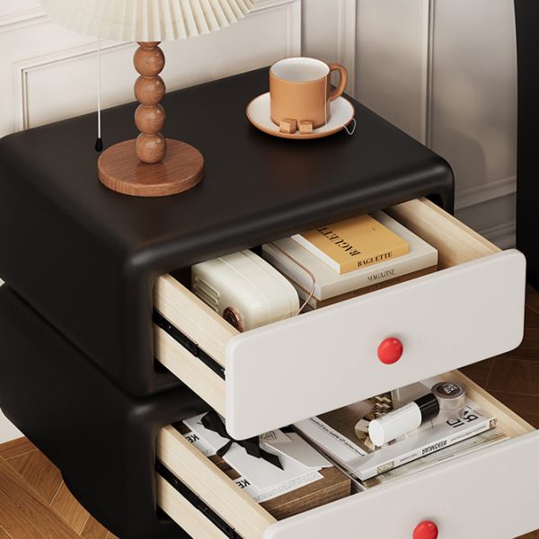 Modern Minimalist Faux Leather Solid Wood Rounded Square Nightstand 2-Drawer Bedroom Cabinet - Image 9