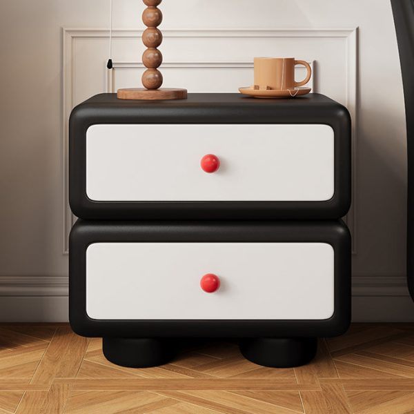 Modern Minimalist Faux Leather Solid Wood Rounded Square Nightstand 2-Drawer Bedroom Cabinet - Image 14