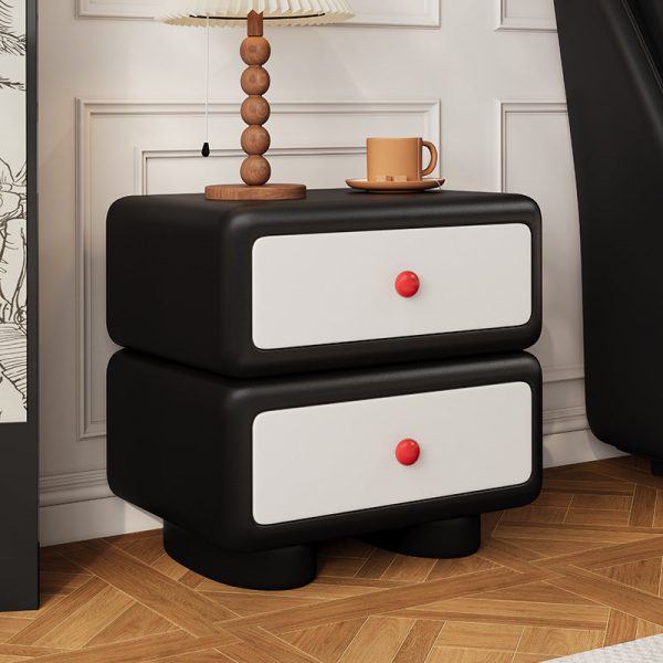 Modern Minimalist Faux Leather Solid Wood Rounded Square Nightstand 2-Drawer Bedroom Cabinet - Image 16