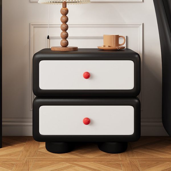 Modern Minimalist Faux Leather Solid Wood Rounded Square Nightstand 2-Drawer Bedroom Cabinet - Image 18
