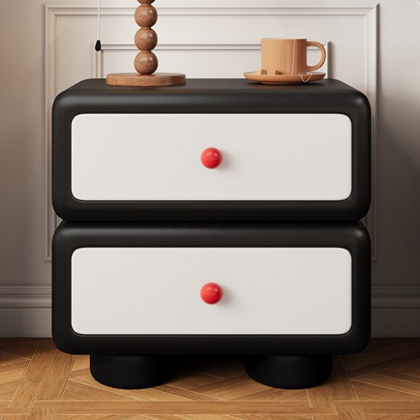 Modern Minimalist Faux Leather Solid Wood Rounded Square Nightstand 2-Drawer Bedroom Cabinet - Image 23