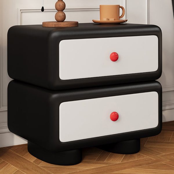 Modern Minimalist Faux Leather Solid Wood Rounded Square Nightstand 2-Drawer Bedroom Cabinet - Image 24