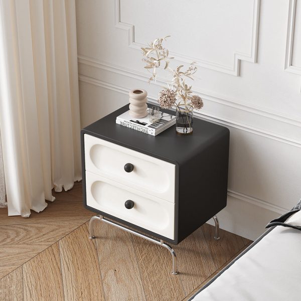 Modern Minimalist Solid Wood Stainless Steel Curved Square Nightstand 2-Drawer Bedroom Cabinet