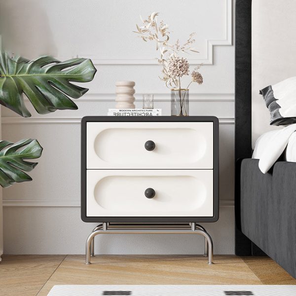 Modern Minimalist Solid Wood Stainless Steel Curved Square Nightstand 2-Drawer Bedroom Cabinet - Image 3