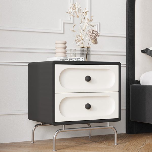 Modern Minimalist Solid Wood Stainless Steel Curved Square Nightstand 2-Drawer Bedroom Cabinet - Image 2