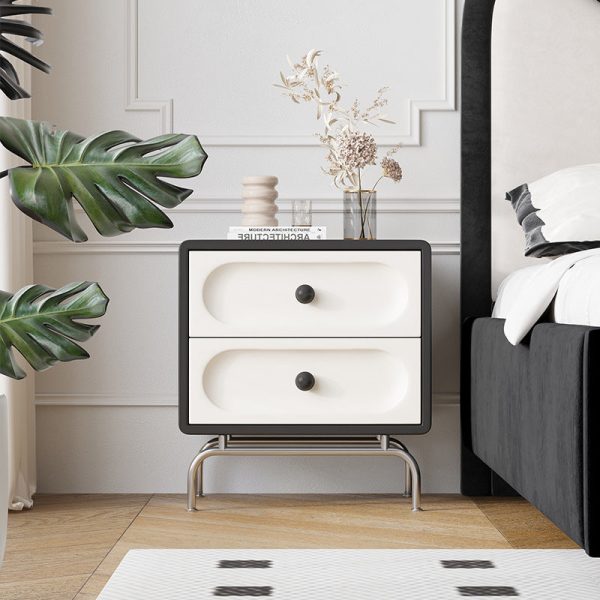 Modern Minimalist Solid Wood Stainless Steel Curved Square Nightstand 2-Drawer Bedroom Cabinet - Image 11