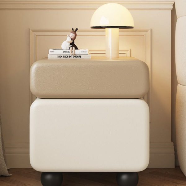 Traditional Chinese Faux Leather Solid Wood Rounded Square Nightstand 2-Drawer For Bedroom - Image 11