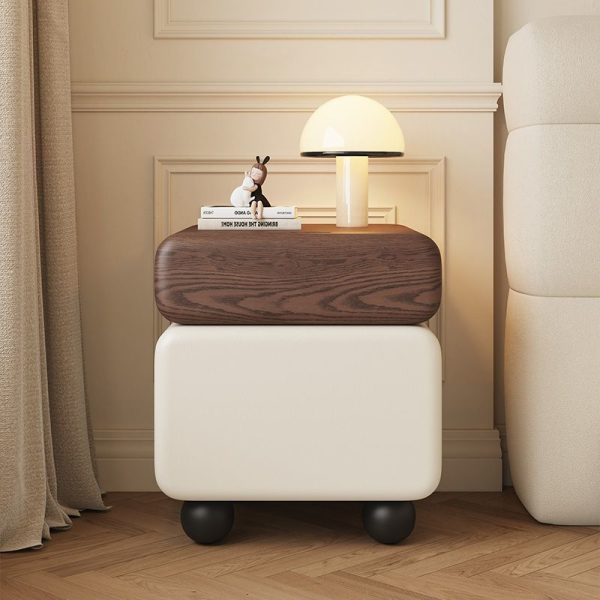 Traditional Chinese Faux Leather Solid Wood Rounded Square Nightstand 2-Drawer For Bedroom - Image 12
