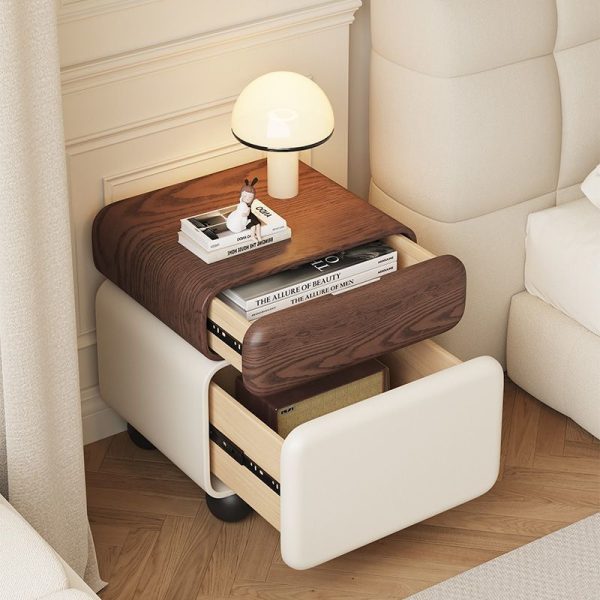 Traditional Chinese Faux Leather Solid Wood Rounded Square Nightstand 2-Drawer For Bedroom - Image 2