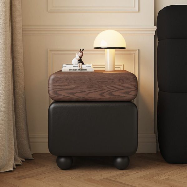 Traditional Chinese Faux Leather Solid Wood Rounded Square Nightstand 2-Drawer For Bedroom