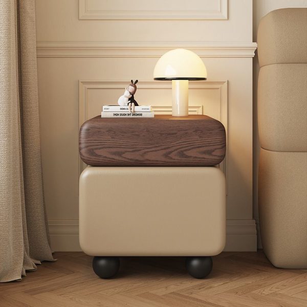 Traditional Chinese Faux Leather Solid Wood Rounded Square Nightstand 2-Drawer For Bedroom - Image 3