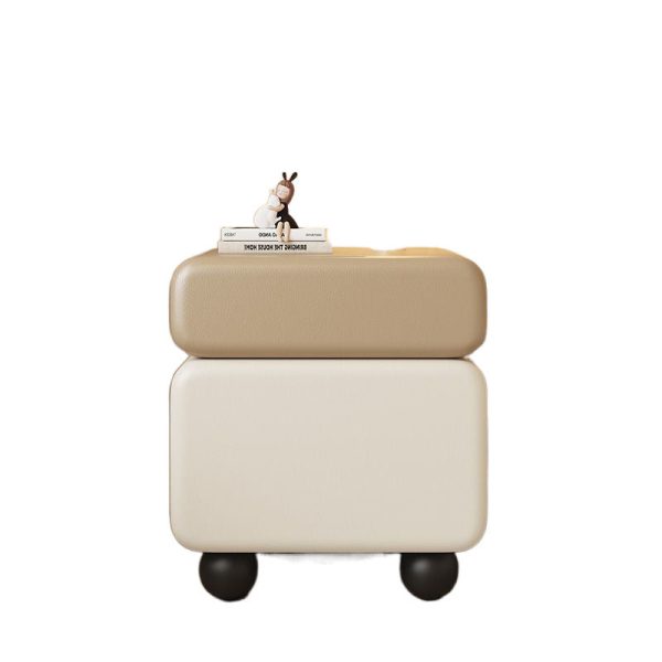 Traditional Chinese Faux Leather Solid Wood Rounded Square Nightstand 2-Drawer For Bedroom - Image 16