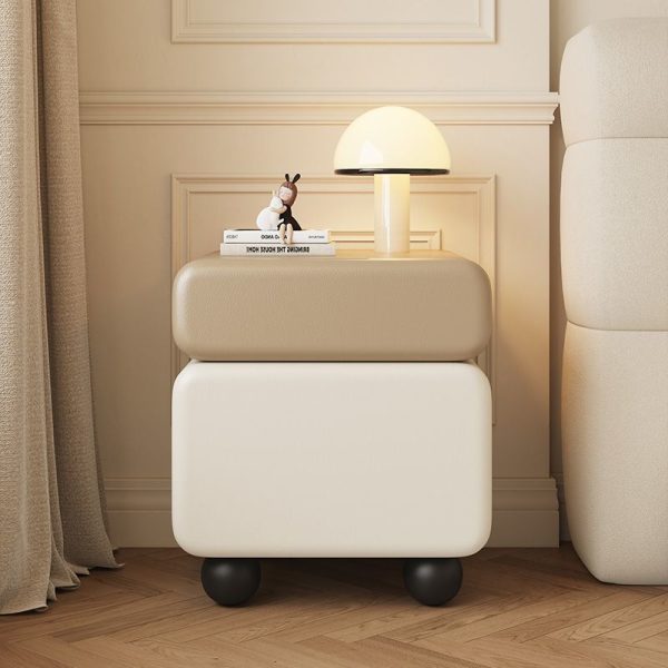 Traditional Chinese Faux Leather Solid Wood Rounded Square Nightstand 2-Drawer For Bedroom - Image 14