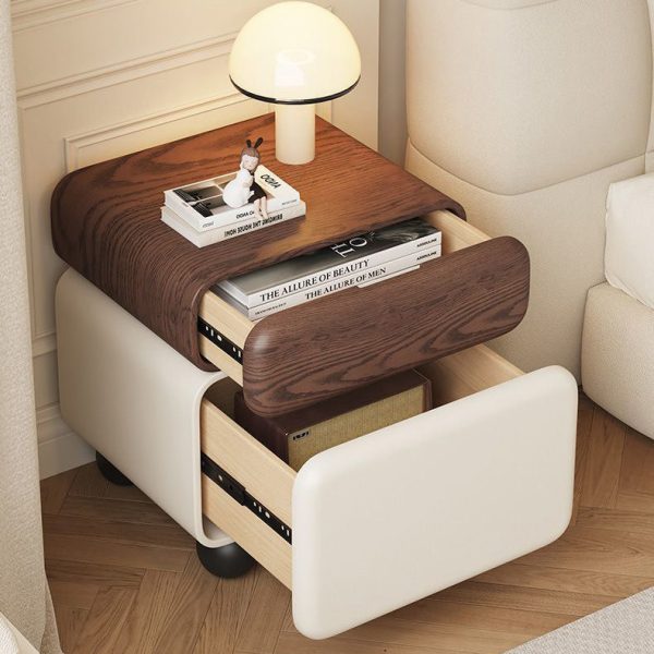 Traditional Chinese Faux Leather Solid Wood Rounded Square Nightstand 2-Drawer For Bedroom - Image 10