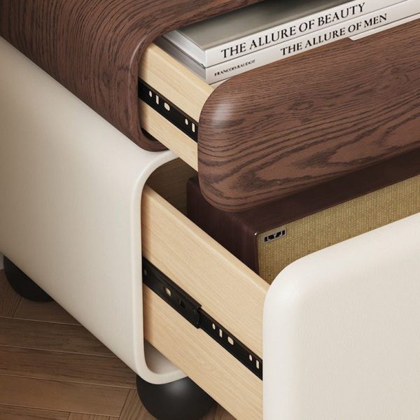 Traditional Chinese Faux Leather Solid Wood Rounded Square Nightstand 2-Drawer For Bedroom - Image 8