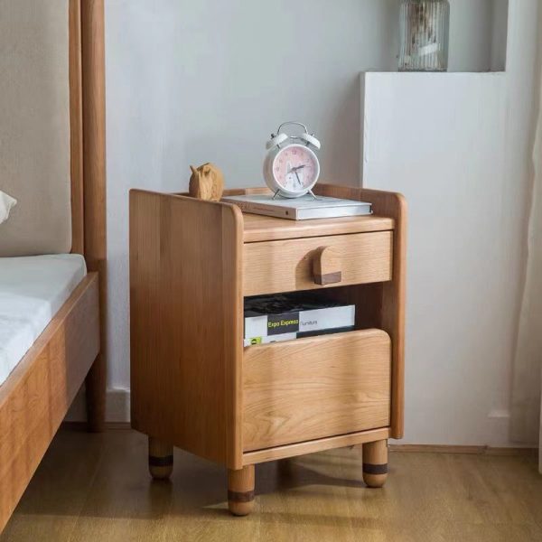 Contemporary Scandinavian Cherry Wood Rounded Rectangle Nightstand With 2 Tiers For Bedroom