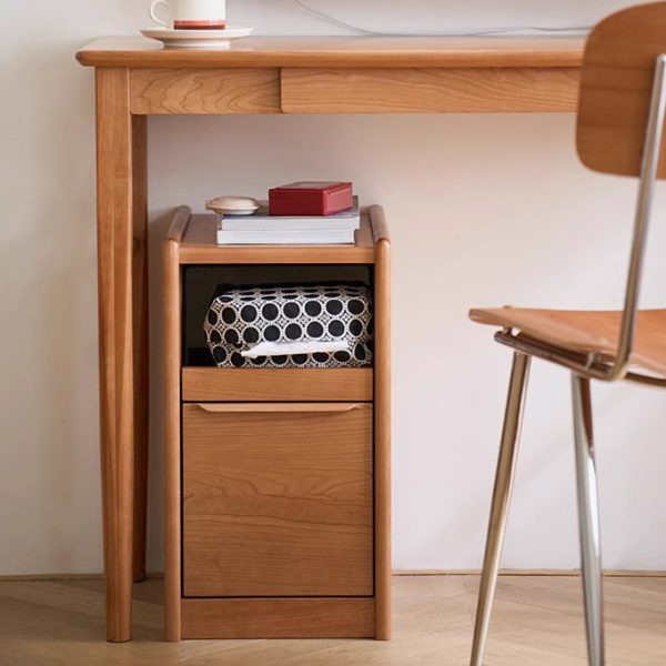 Modern Minimalist Cherry Wood Rounded Rectangle Nightstand With 2 Tiers For Bedroom