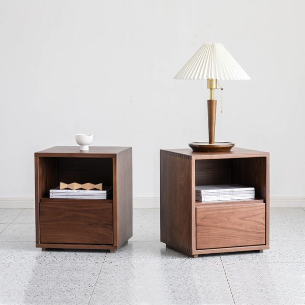 Traditional Japanese Red Oak & Black Walnut Square Nightstand With 1 Drawer For Bedroom