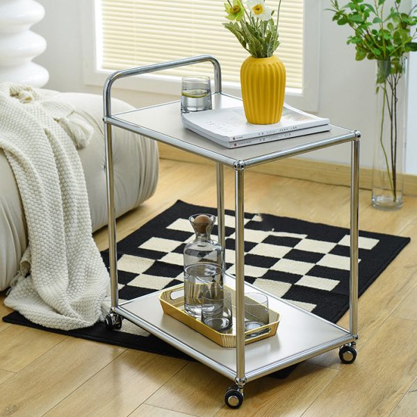 Modern Minimalist High-Carbon Steel Metal Rectangular Mobile End Table With 2 Tiers For Living Room