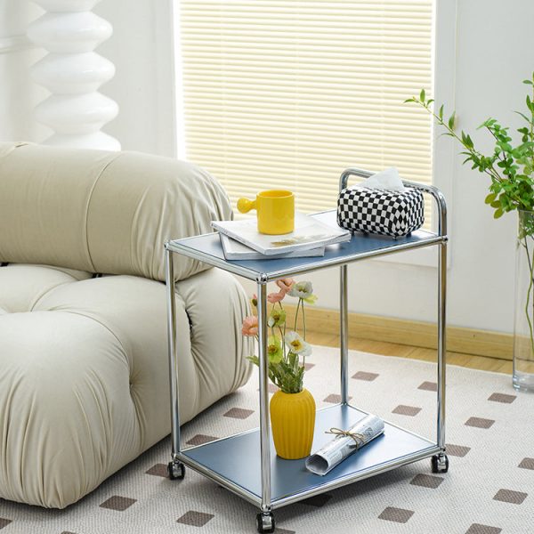 Modern Minimalist High-Carbon Steel Metal Rectangular Mobile End Table With 2 Tiers For Living Room - Image 11